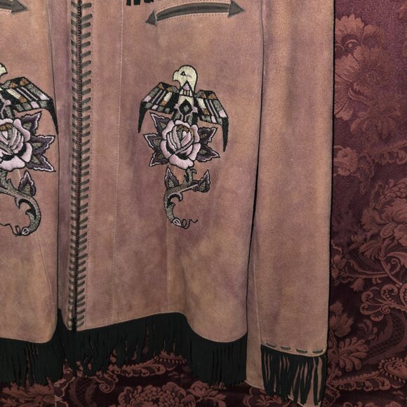 Double D Ranch Brown Suede Embroidered  Leather Fringe Jacket Woman's Size XL - Picture 5 of 9